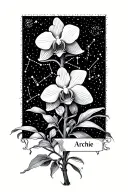 aquarius constellation with orchid flower and the name "Archie" tattoo design idea