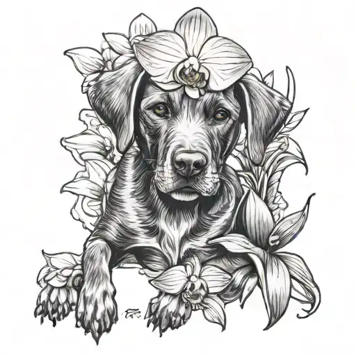 orchid blooming with labrador retriever tattoo design idea