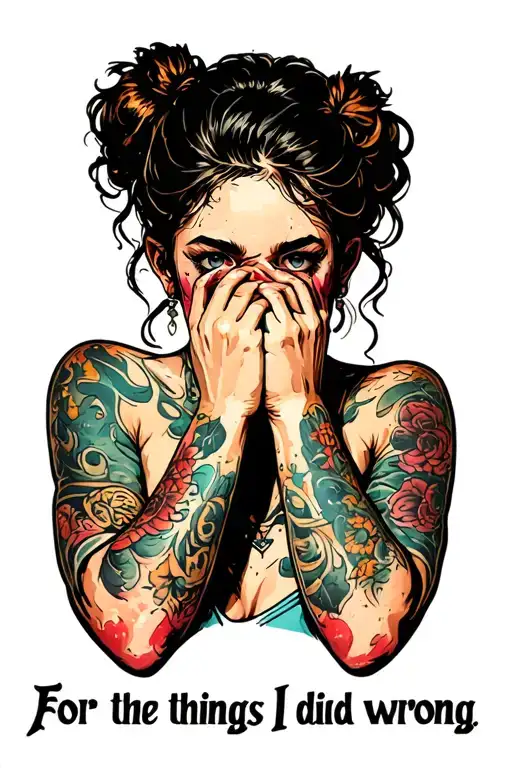 a scruffy girl with clear skin covering her mouth with her hands. Text is very bold saying "For the things I did wrong" tattoo design idea