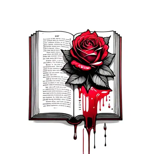 roses on a open book, dripping blood onto the pages, the droplets from the rose turning into the words on the page tattoo design idea