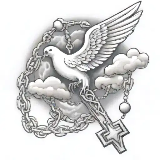 dove clouds cross rosary tattoo design idea
