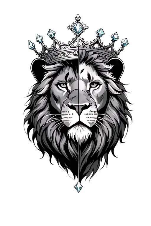 A dominant lion with a realistic face, half like a king (crown, diamonds), from the other half with scars, as a symbol me tattoo design idea