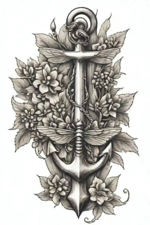 anchor with lupines and dragonflies  tattoo design idea