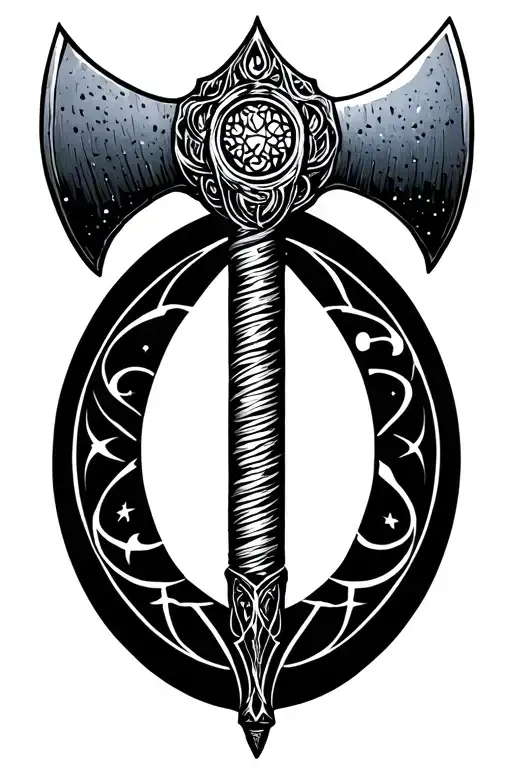 astrological Pluto glyph and 2-headed axe tattoo design idea