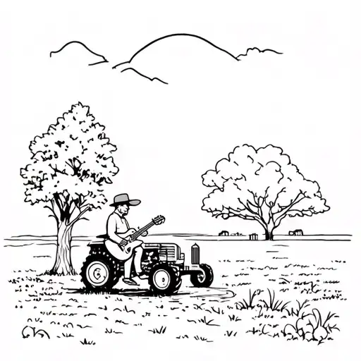 agricultural playing his guitar at his porch near his tractor with avocado tree in his background  tattoo design idea