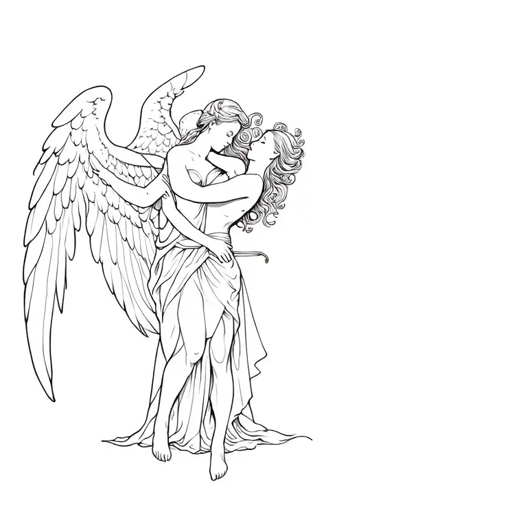 angel warrior holding female who is on a leach tattoo design idea