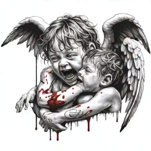 A child crying blood tears, with an angel on his right shoulder and a devil on his left shoulder  tattoo design idea