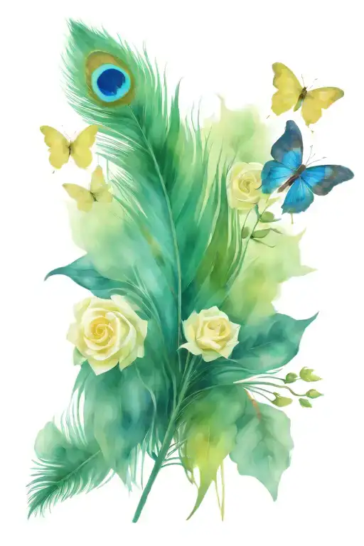 peacock feather with roses and yellow butterflies  tattoo design idea