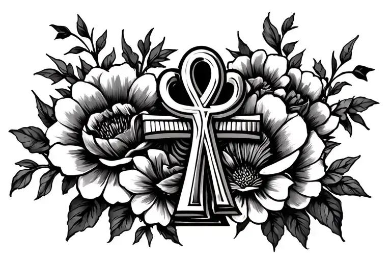 flowers and ankh symbol intertwined on chest and shoulders tattoo design idea