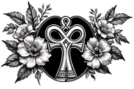 flowers and ankh symbol intertwined on chest and shoulders tattoo design idea
