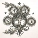 An intricate family tree design with each branch representing a different zodiac sign for the mother and her two sons tattoo design idea