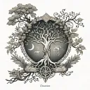An intricate family tree design with each branch representing a different zodiac sign for the mother and her two sons tattoo design idea
