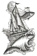 A majestic sailboat sailing through rough waters with a school of fish swimming underneath tattoo design idea