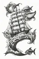 A majestic sailboat sailing through rough waters with a school of fish swimming underneath tattoo design idea