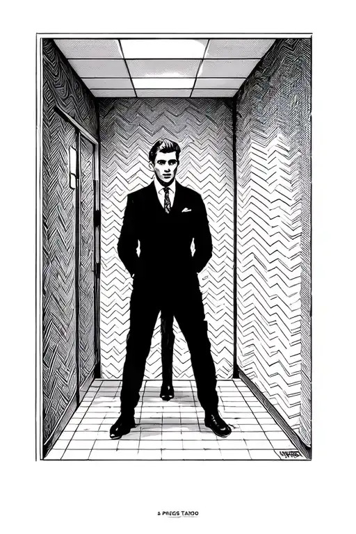 chevron pattern hallway, man in suit in the distance tattoo design idea