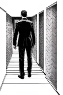 chevron pattern hallway, man in suit in the distance tattoo design idea