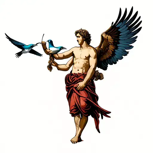 saint Christopher holding a swallow bird with its wings spread tattoo design idea