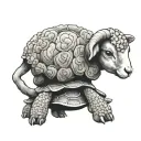 a lamb wearing a small bow and sitting on a turtle  tattoo design idea