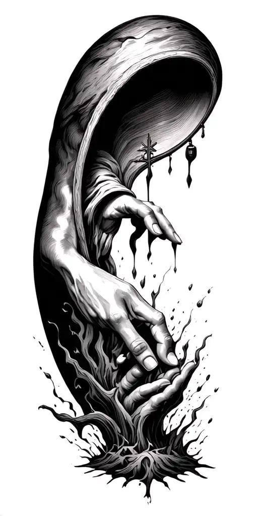 a phoneix coming out of the ground to symbolize my rebirth thru Christ. God’s hand pulling my hand thru towards the clou tattoo design idea