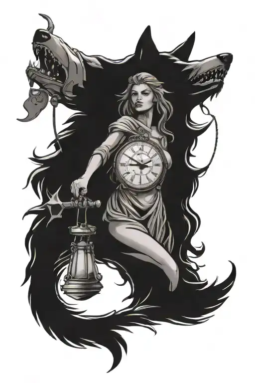wolf clock compass lady justice tattoo design idea