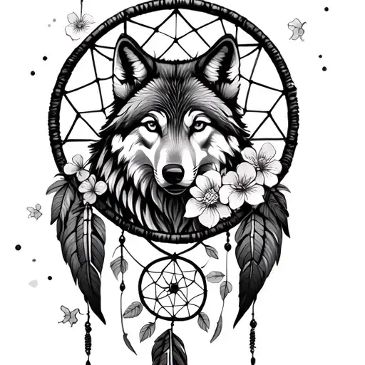 dreamcatcher with wolf, triangle, and cherry blossoms tattoo design idea