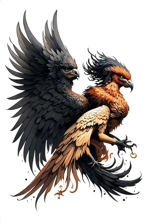 Naturalistic Battle Angel & Phoenix Tattoo on Dark Brown SkinTattoo-style illustration only — not a painting or digital tattoo design idea