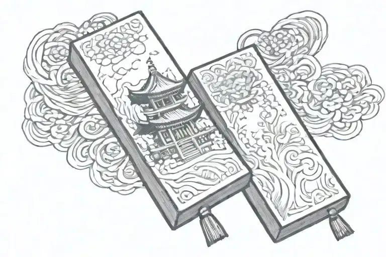 a pagoda coming out of the omamori charm tattoo design idea