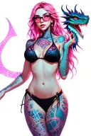 Sexy dragon girl, petite, big boobs, wide hips, bikini . pink hair,sexual. Seductive. Full Body including arms. glasses tattoo design idea
