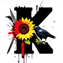 Letter K made out of a Sunflower, a crow and a Knife tattoo design idea