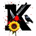 Letter K made out of a Sunflower, a crow and a Knife tattoo design idea