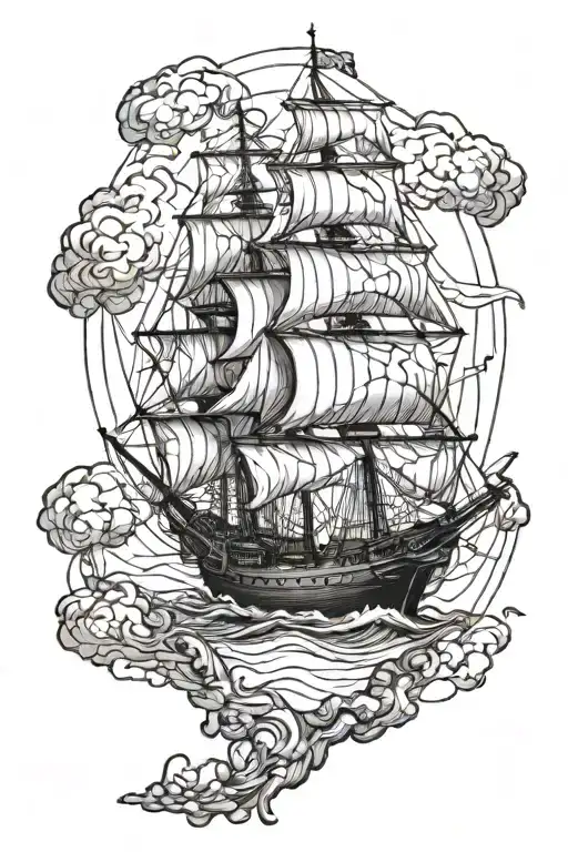 ship and map outline tattoo design idea