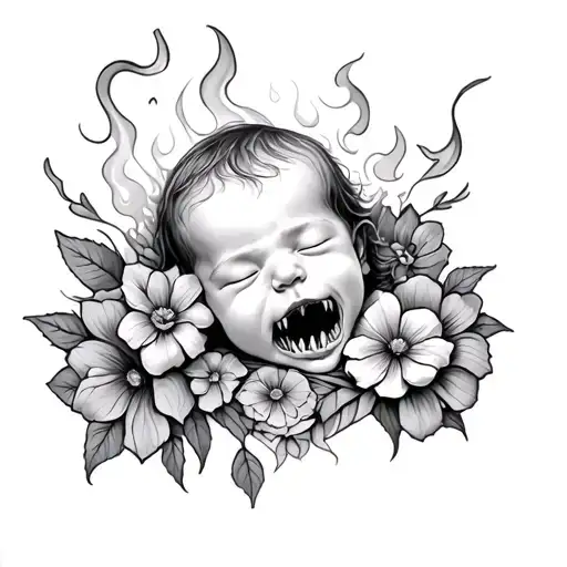 Halblöwe with flaming teeth half -pretty baby sleeping with flowing transition. Surrounded by masculine flower tattoo design idea