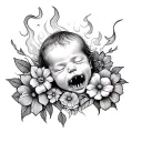 Halblöwe with flaming teeth half -pretty baby sleeping with flowing transition. Surrounded by masculine flower tattoo design idea