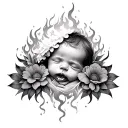 Halblöwe with flaming teeth half -pretty baby sleeping with flowing transition. Surrounded by masculine flower tattoo design idea