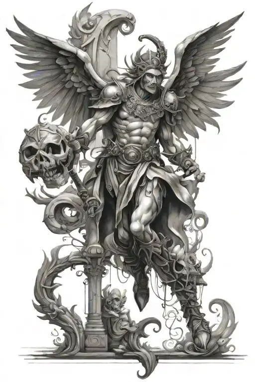 leg sleeve of fantasy angels, and a giant eerie but happy jester and with light and dark elements. hyper realism  tattoo design idea