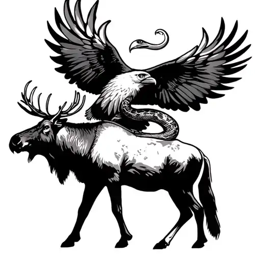 Mexican eagle with snake in its mouth flies high above a moose in the valley tattoo design idea