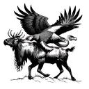Mexican eagle with snake in its mouth flies high above a moose in the valley tattoo design idea