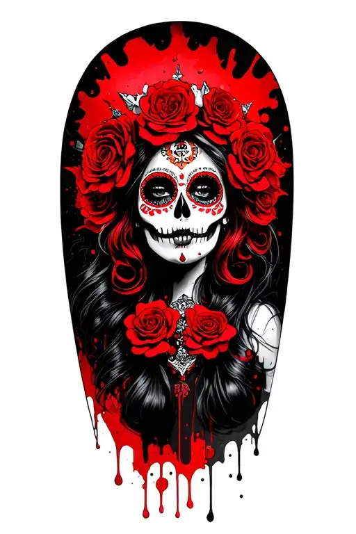 I’d like to get a tattoo in Trash Polka style, featuring a portrait of a woman in the Santa Muerte theme. tattoo design idea