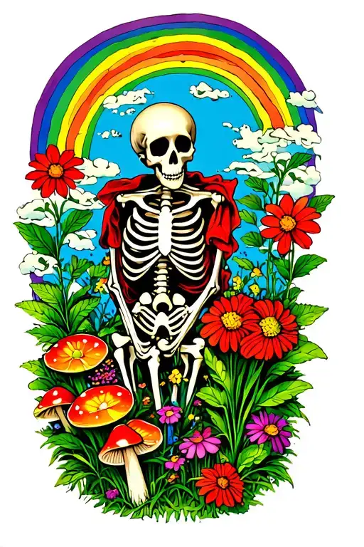 Skeleton gardener surrounded by flowers and mushrooms and rainbow tattoo design idea