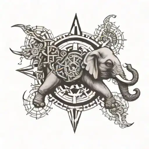 asian elephant and compass intertwined tattoo design idea