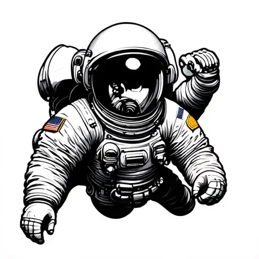 astronaut floating in space lioking at camera. no background  tattoo design idea
