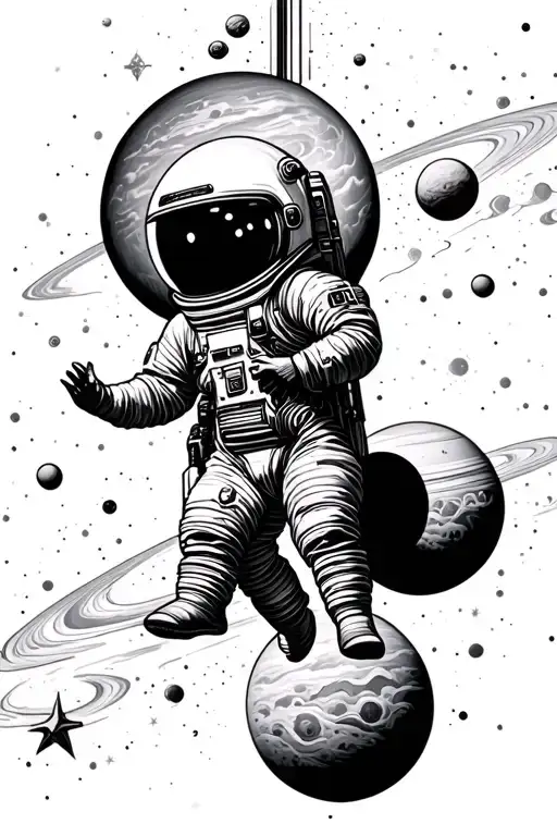 Endless space, planets and stars in the background. A small man in a spacesuit is hanging in this space in an inverted p tattoo design idea