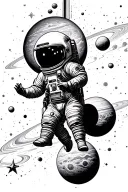 Endless space, planets and stars in the background. A small man in a spacesuit is hanging in this space in an inverted p tattoo design idea