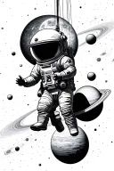 Endless space, planets and stars in the background. A small man in a spacesuit is hanging in this space in an inverted p tattoo design idea