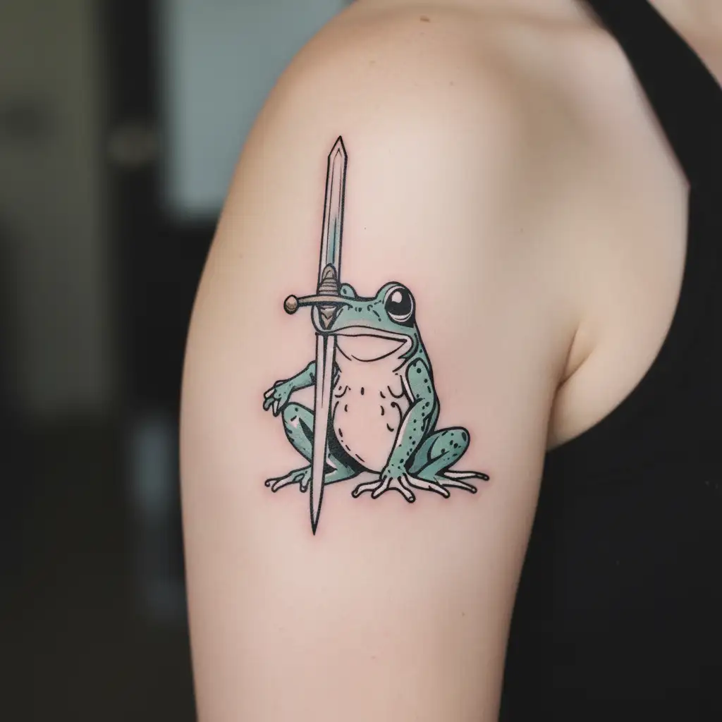 cute frog with little sword in the hand sitting alone tattoo design idea