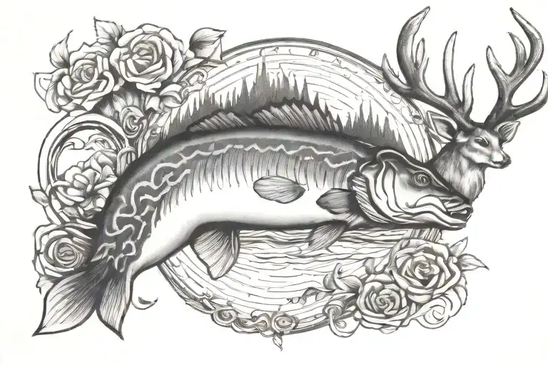 Bass and deer and Cross tattoo tattoo design idea