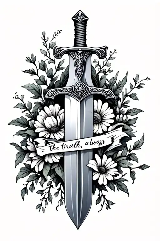 sword with wildflowers and vines wrapped around it and "the truth, always" engraved on the sword tattoo design idea