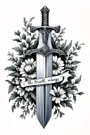 sword with wildflowers and vines wrapped around it and "the truth, always" engraved on the sword tattoo design idea