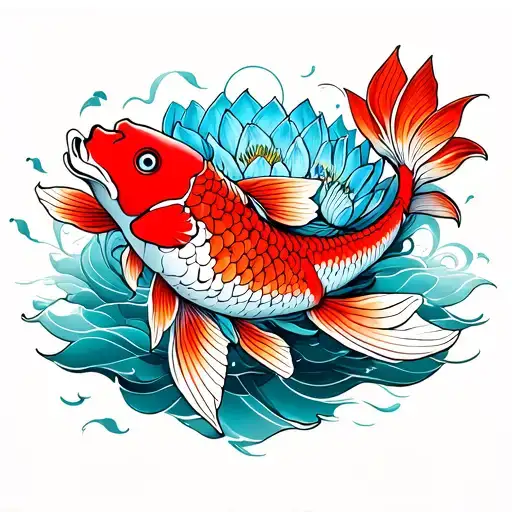 features a red Koi fish, a blue lotus flower, and traditional-style water and clouds tattoo design idea