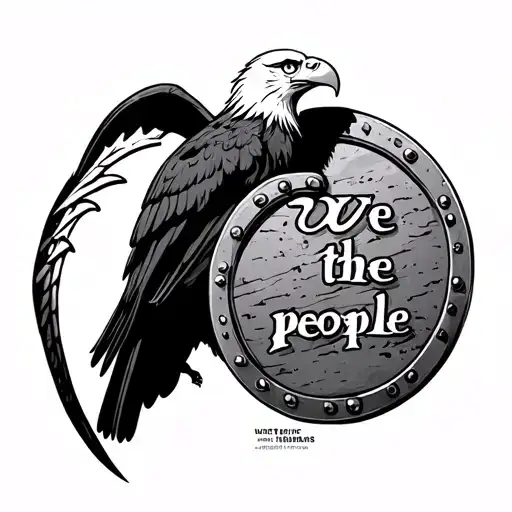 A minimalist design of a bald eagle perched on a Spartan shield, with the words 'We the people' inscribed on the shield tattoo design idea